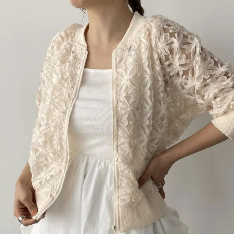 花柄ファッション 立体花模様ジップアップボンバージャケット