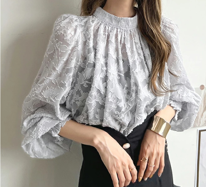 花柄ファッション 立体花柄レース ボリューム袖ブラウス