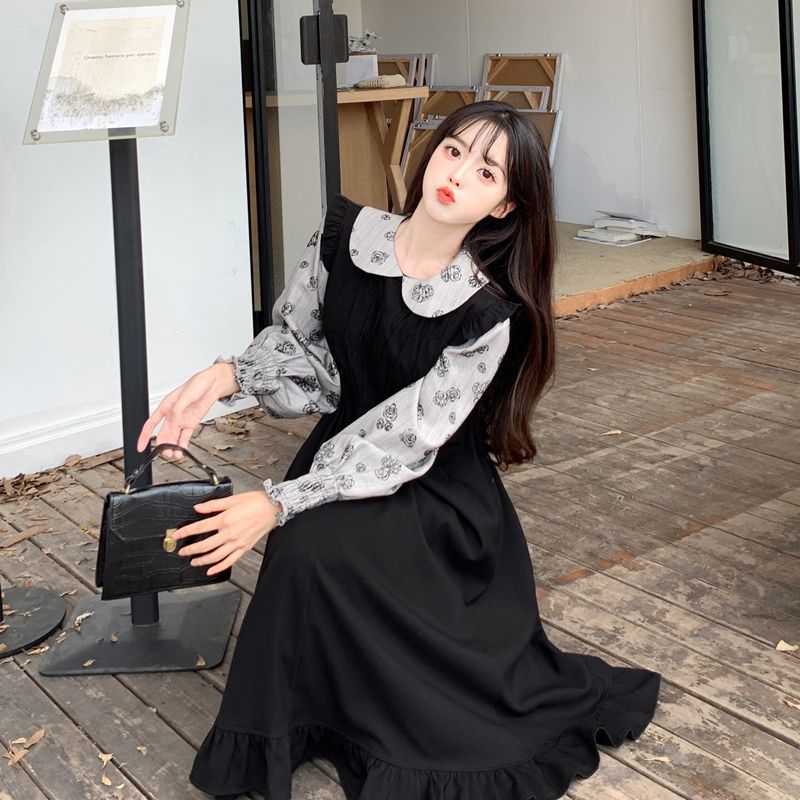 花柄ファッション 襟付き重ね着風ピンタックワンピース
