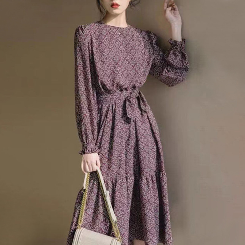 花柄ファッション 優美な小花模様 ウエストリボン シフォンワンピース