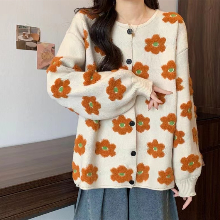 花柄ファッション オレンジ花柄ニットカーディガン