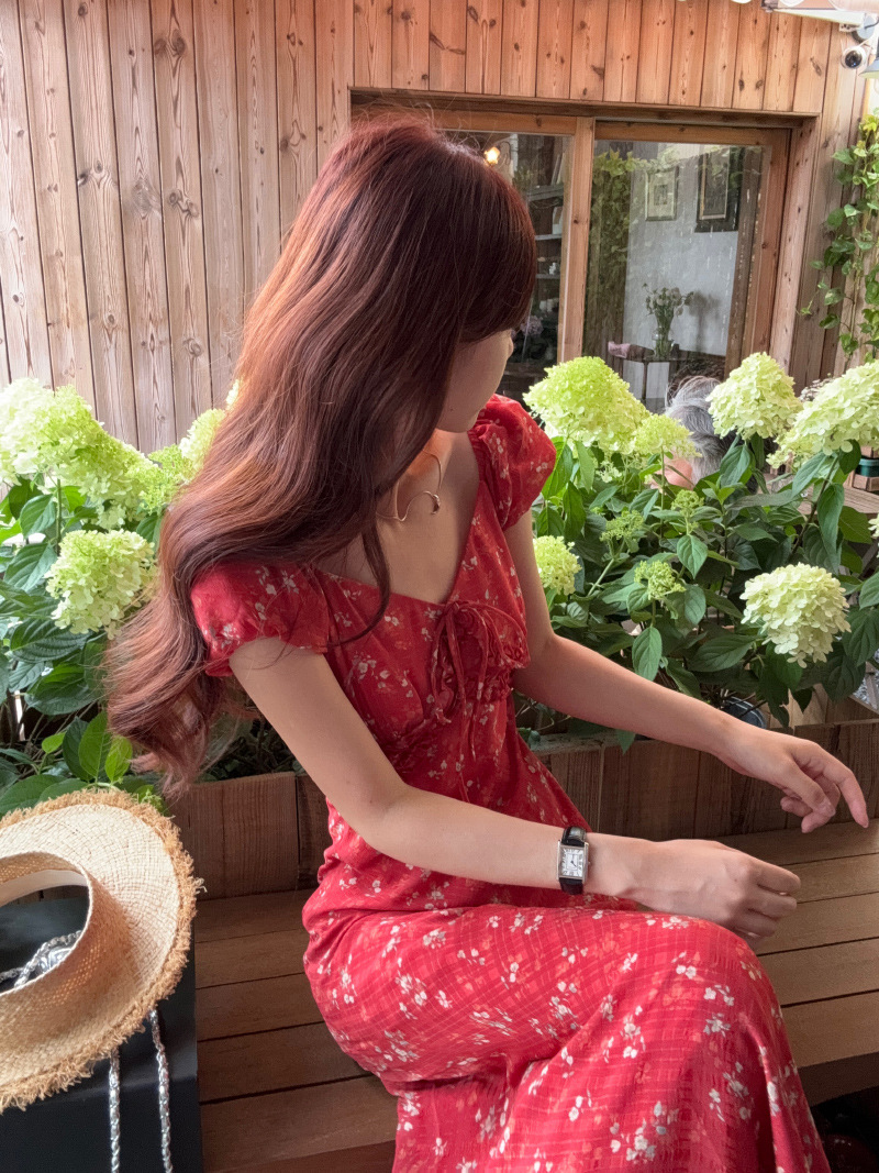 花柄ファッション 小花柄リボン付きマキシワンピース