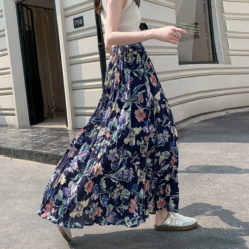 花柄ファッション 華やか花模様プリーツロングスカート