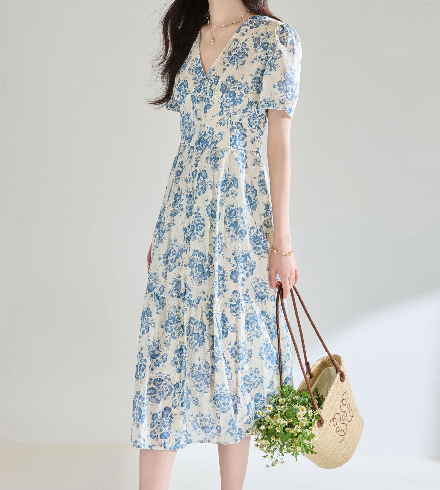 花柄ファッション 爽やか青花柄ティアードワンピース