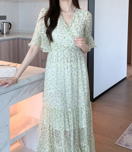 花柄ファッション 華やか春風ティアードシフォンワンピース