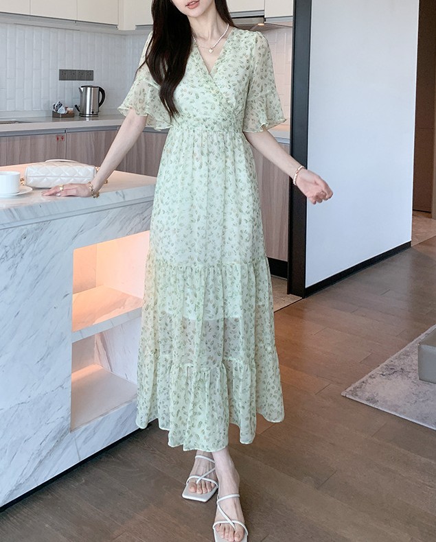 花柄ファッション 華やか春風ティアードシフォンワンピース