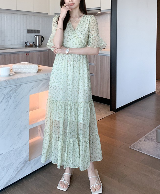 花柄ファッション 華やか春風ティアードシフォンワンピース