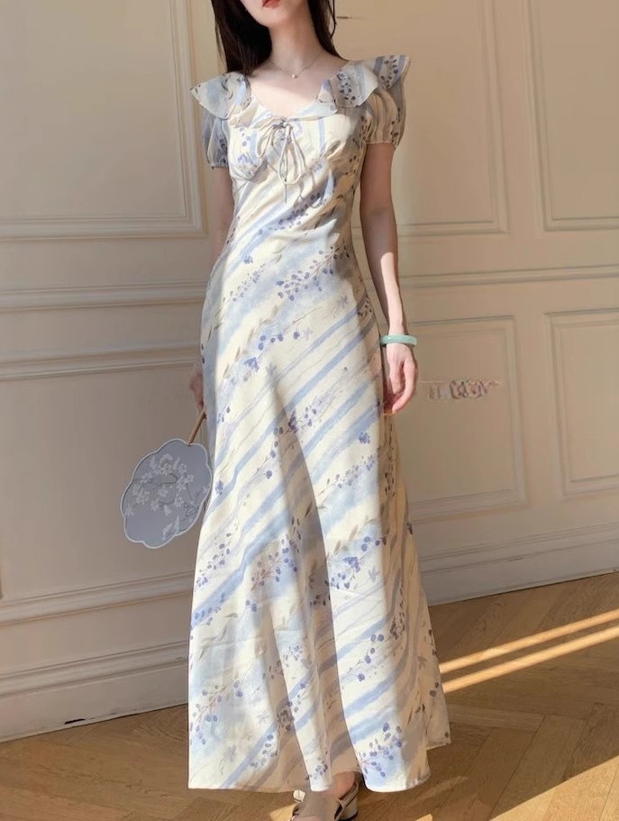 花柄ファッション 爽やか水彩花柄 フリル袖 マキシワンピース