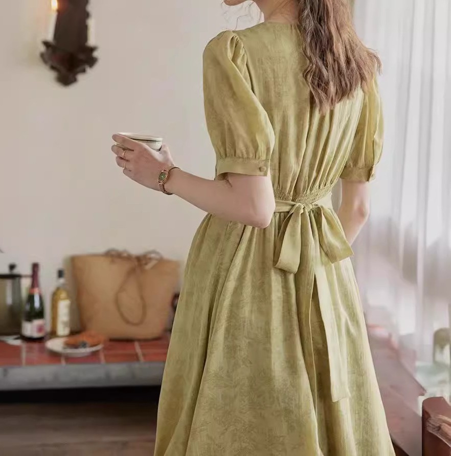 花柄ファッション 優雅なリーフ柄シフォンロングワンピース