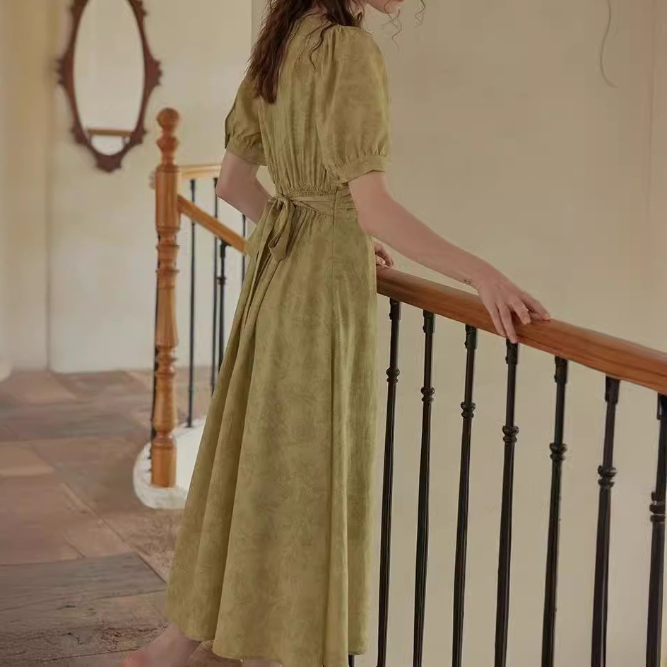 花柄ファッション 優雅なリーフ柄シフォンロングワンピース
