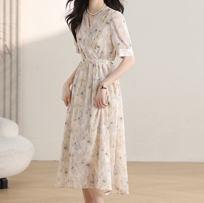 花柄ファッション 優美な花模様 シフォンラップワンピース