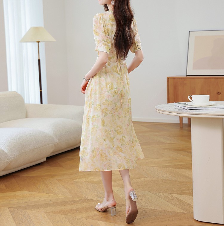花柄ファッション 優美な花咲くシフォンラップワンピース