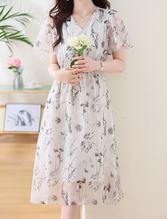 花柄ファッション 優美な花柄シフォンワンピース