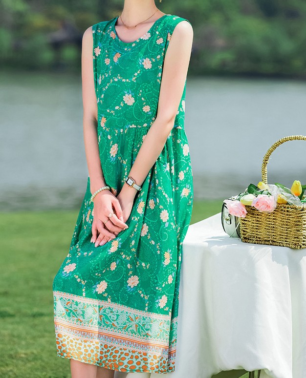 花柄ファッション 爽やか花模様シフォンノースリーブワンピース