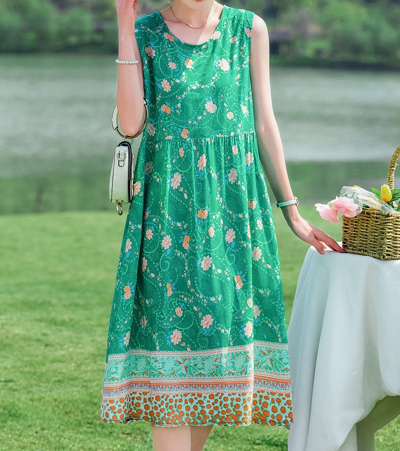 花柄ファッション 爽やか花模様シフォンノースリーブワンピース