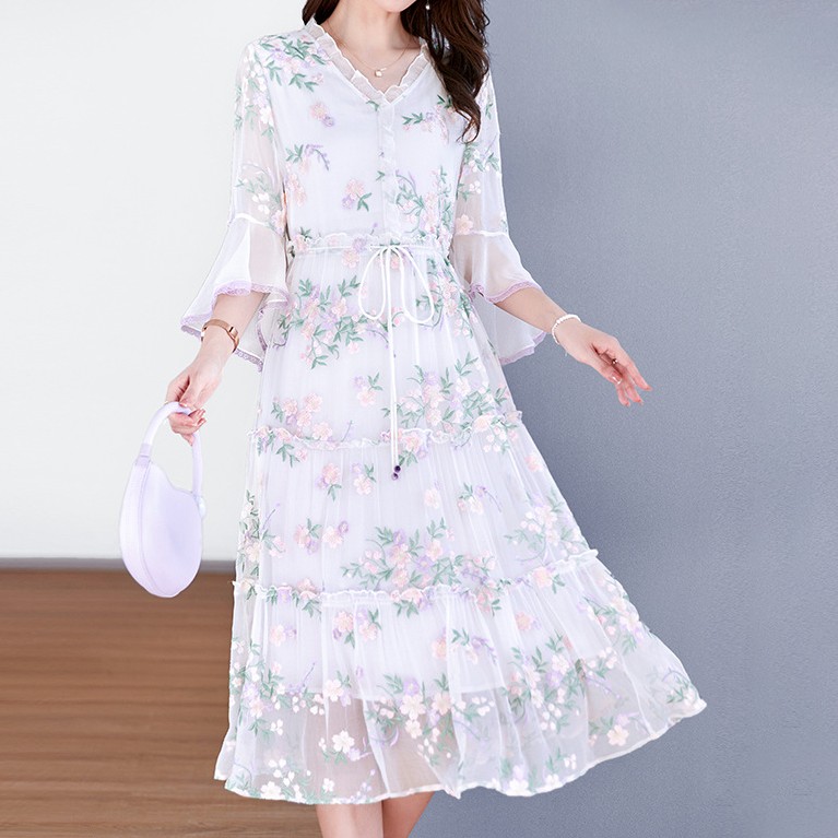 花柄ファッション 春風のような優美花柄シフォンワンピース