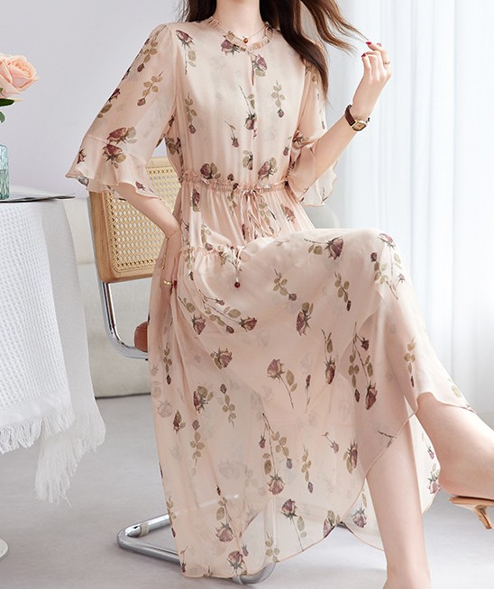 花柄ファッション 優美な花柄シフォンロングワンピース