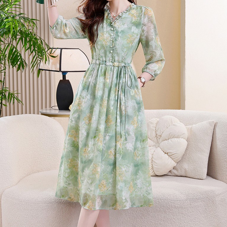 花柄ファッション 優美な花柄シフォンワンピース