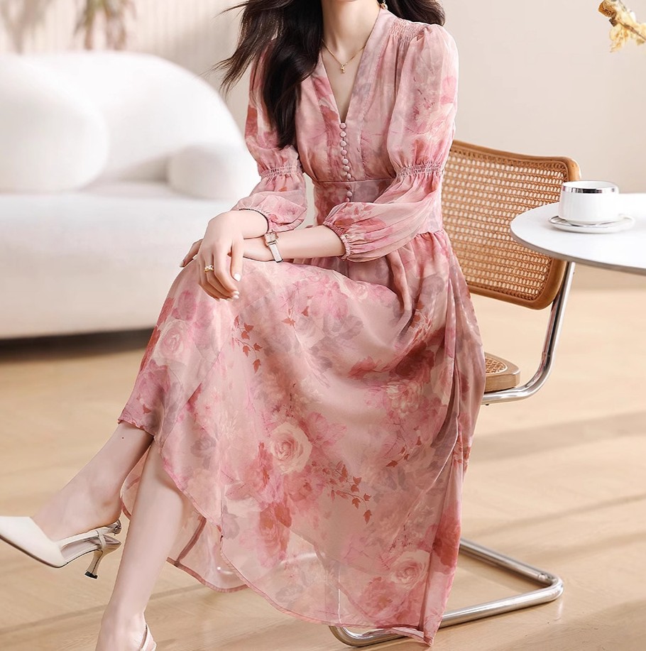花柄ファッション 優雅な花模様シフォンワンピース