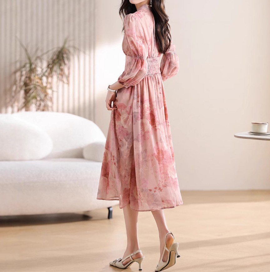 花柄ファッション 優雅な花模様シフォンワンピース