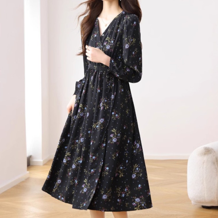 花柄ファッション 優美花柄シフォンワンピース