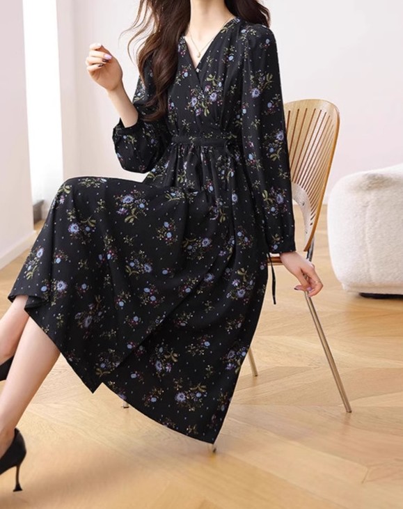 花柄ファッション 優美花柄シフォンワンピース