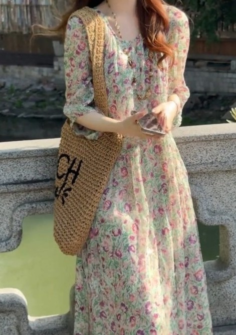 花柄ファッション 優美な花柄シフォンマキシワンピース