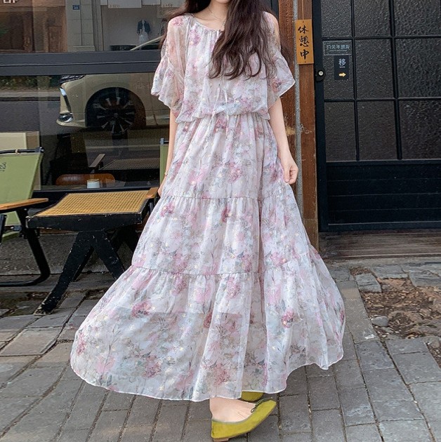 花柄ファッション 空気のように軽やか 花柄シフォンティアードワンピース