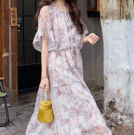 花柄ファッション 空気のように軽やか 花柄シフォンティアードワンピース