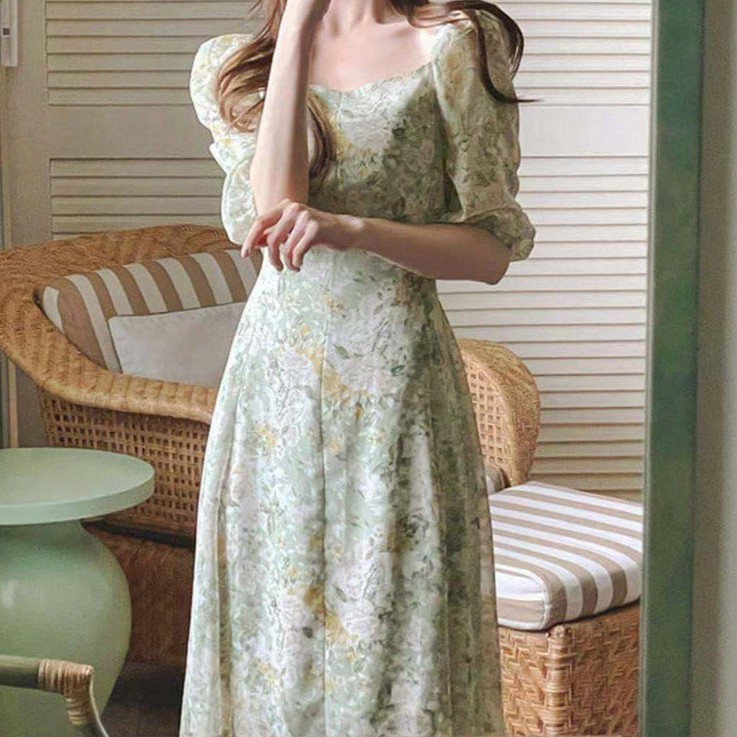 花柄ファッション 優美な花模様 パフスリーブ シフォンワンピース