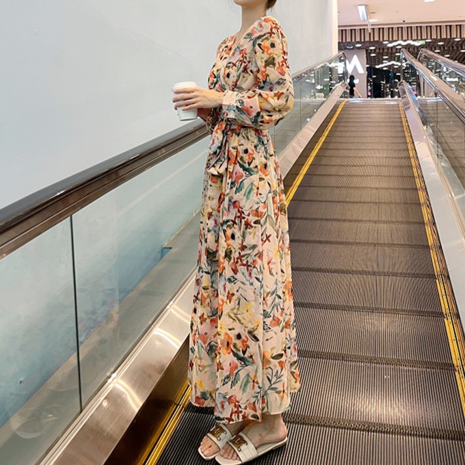 花柄ファッション 優美な花柄シフォンマキシワンピース