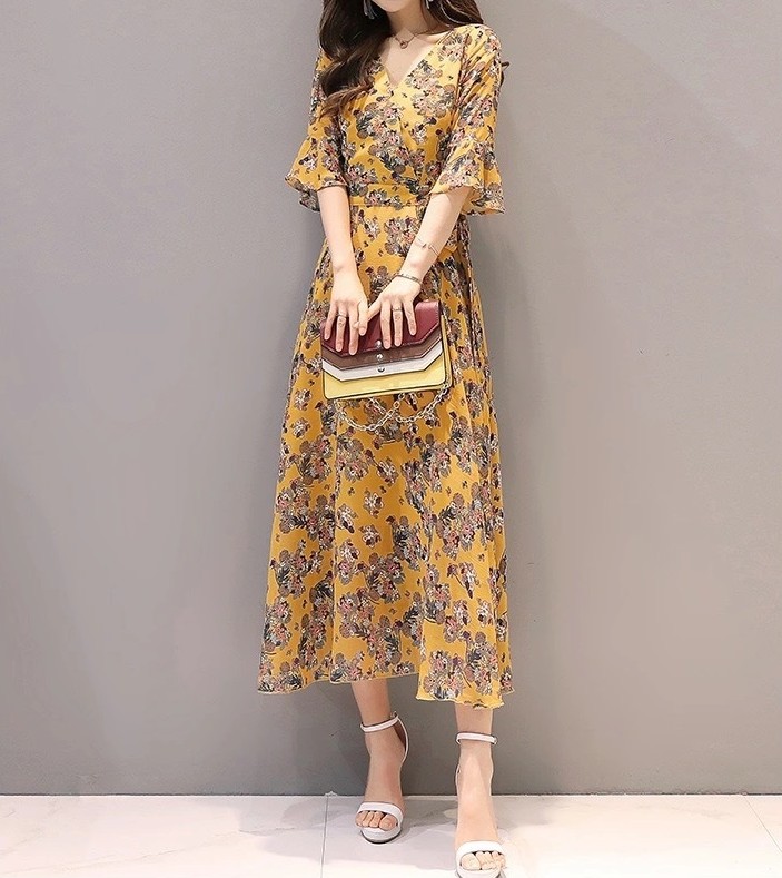 花柄ファッション 優美な花柄シフォンロングワンピース