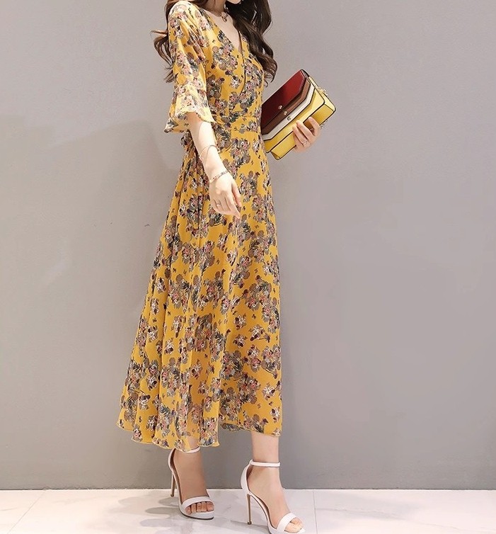 花柄ファッション 優美な花柄シフォンロングワンピース