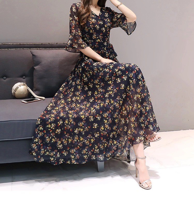 花柄ファッション 優美な花柄シフォンロングワンピース