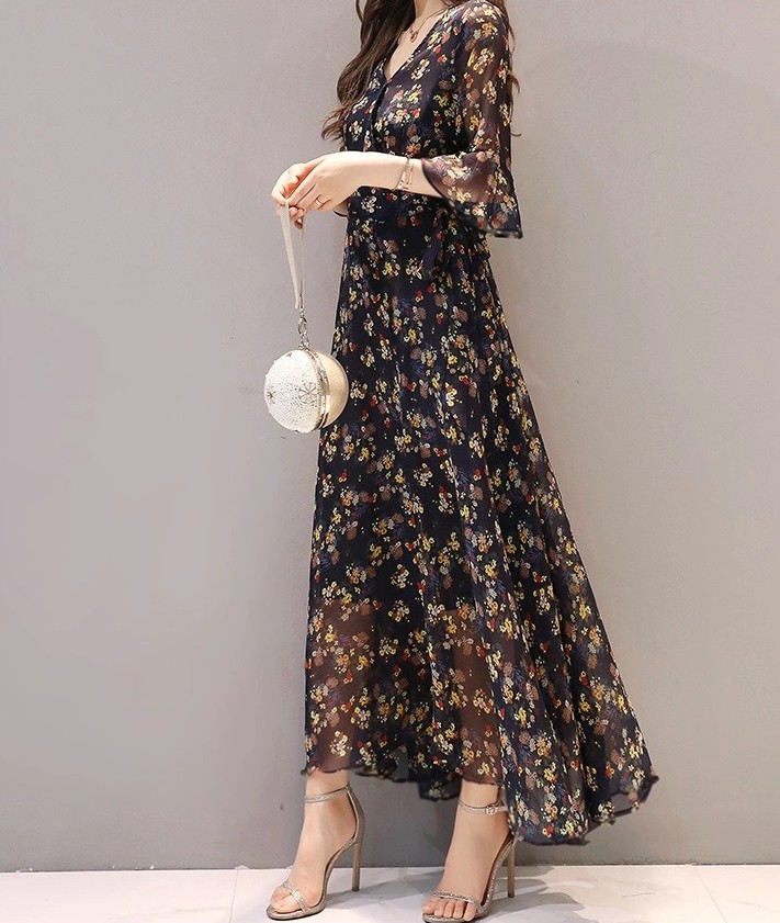 花柄ファッション 優美な花柄シフォンロングワンピース