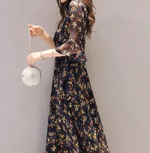 花柄ファッション 優美な花柄シフォンロングワンピース