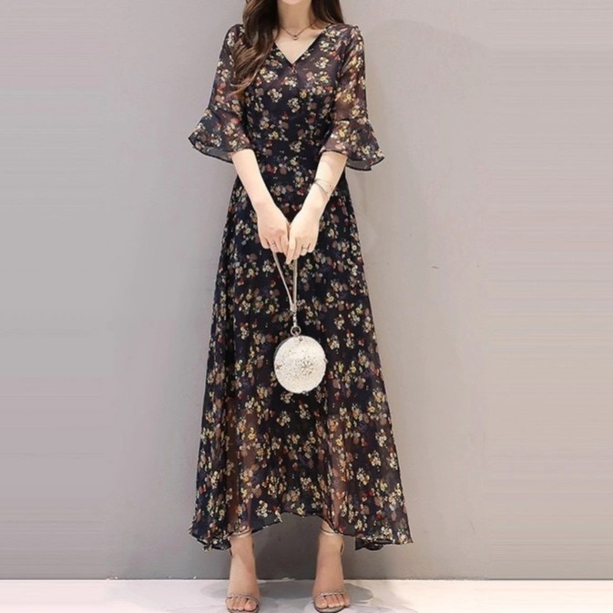 花柄ファッション 優美な花柄シフォンロングワンピース