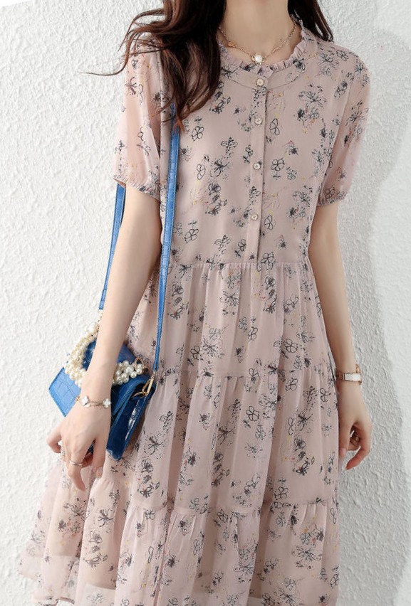 花柄ファッション 優美な花柄シフォンティアードワンピース