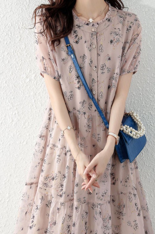 花柄ファッション 優美な花柄シフォンティアードワンピース
