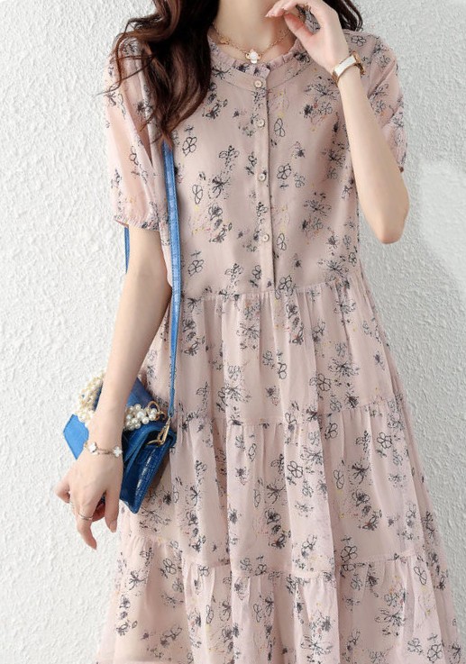 花柄ファッション 優美な花柄シフォンティアードワンピース