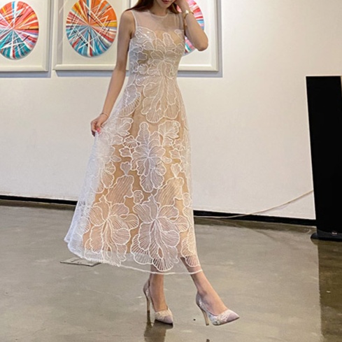 花柄ファッション 大輪花刺繍シースルーロングワンピース