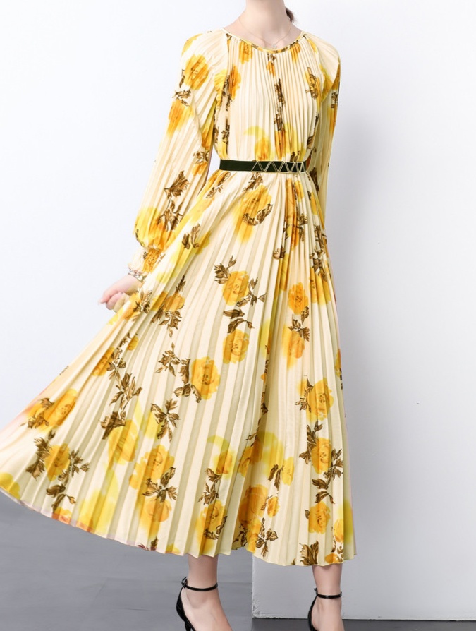 花柄ファッション 優美プリーツ 花柄マキシワンピース