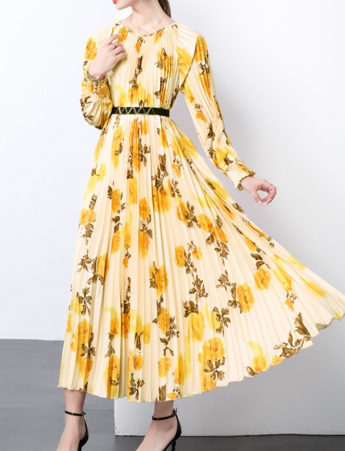 花柄ファッション 優美プリーツ 花柄マキシワンピース