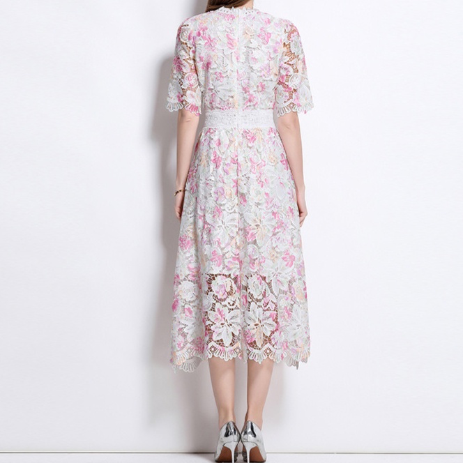 花柄ファッション 透かし花レースミディ丈ワンピース