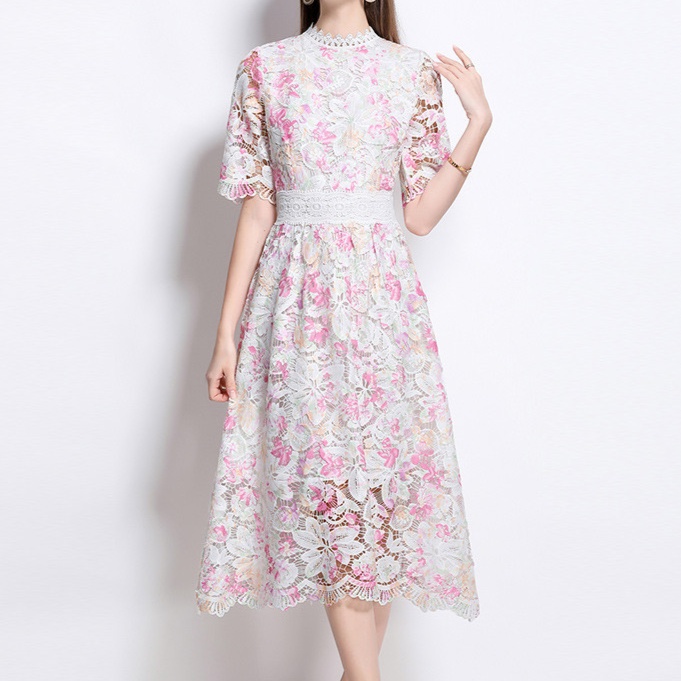 花柄ファッション 透かし花レースミディ丈ワンピース