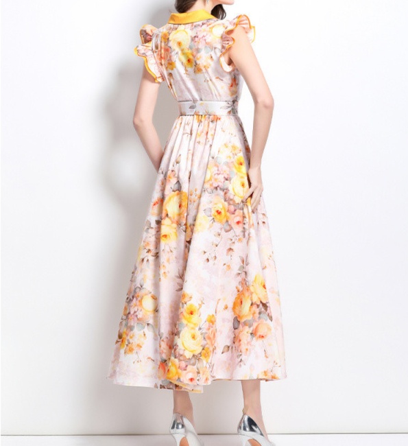 花柄ファッション 優美な花咲くマキシ丈フリル袖ワンピース