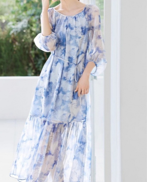 花柄ファッション 水彩風柄シフォンマキシワンピース