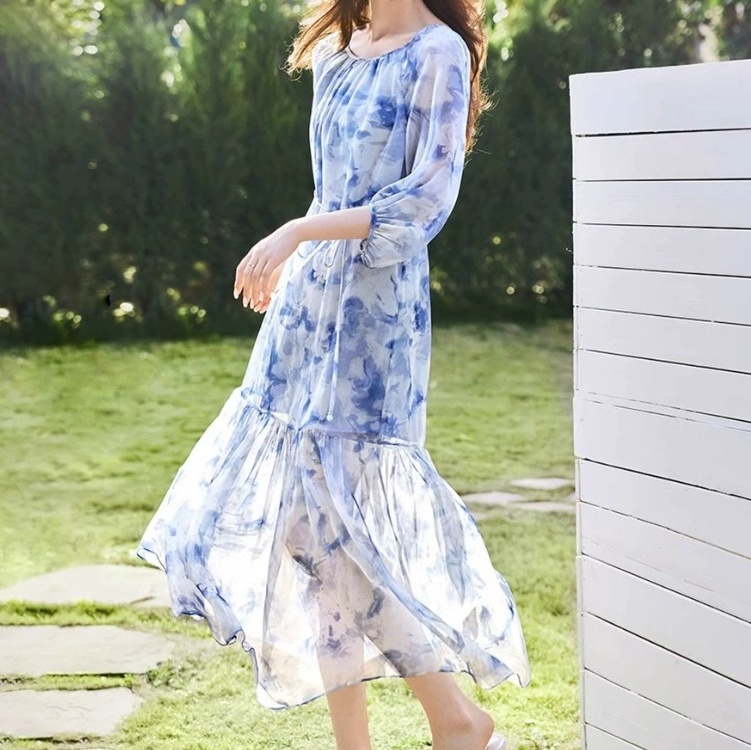 花柄ファッション 水彩風柄シフォンマキシワンピース