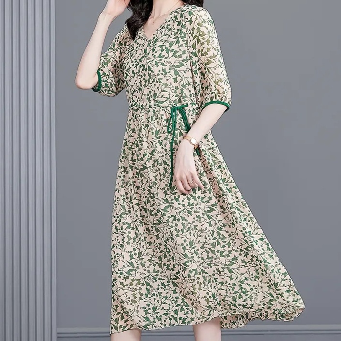 花柄ファッション 優美な草花模様 七分袖リボン付きワンピース