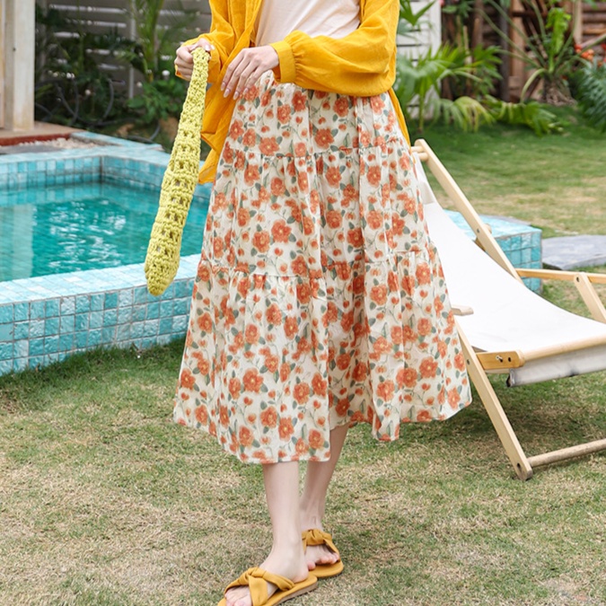 花柄ファッション 水彩風花柄ティアードロングスカート